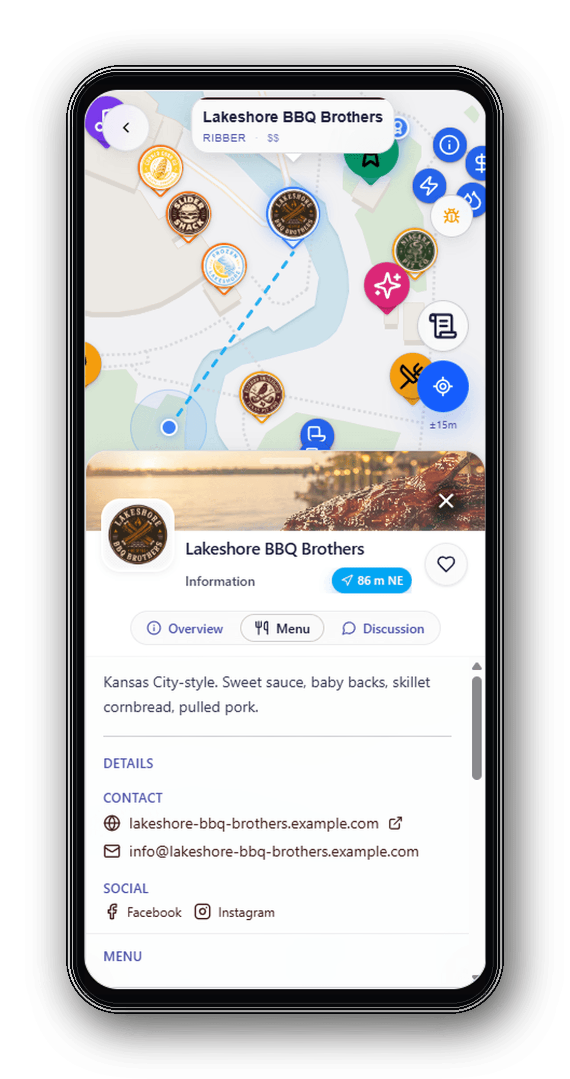 Mobile attendee map showing a selected vendor with menu, discussion, photos, and details