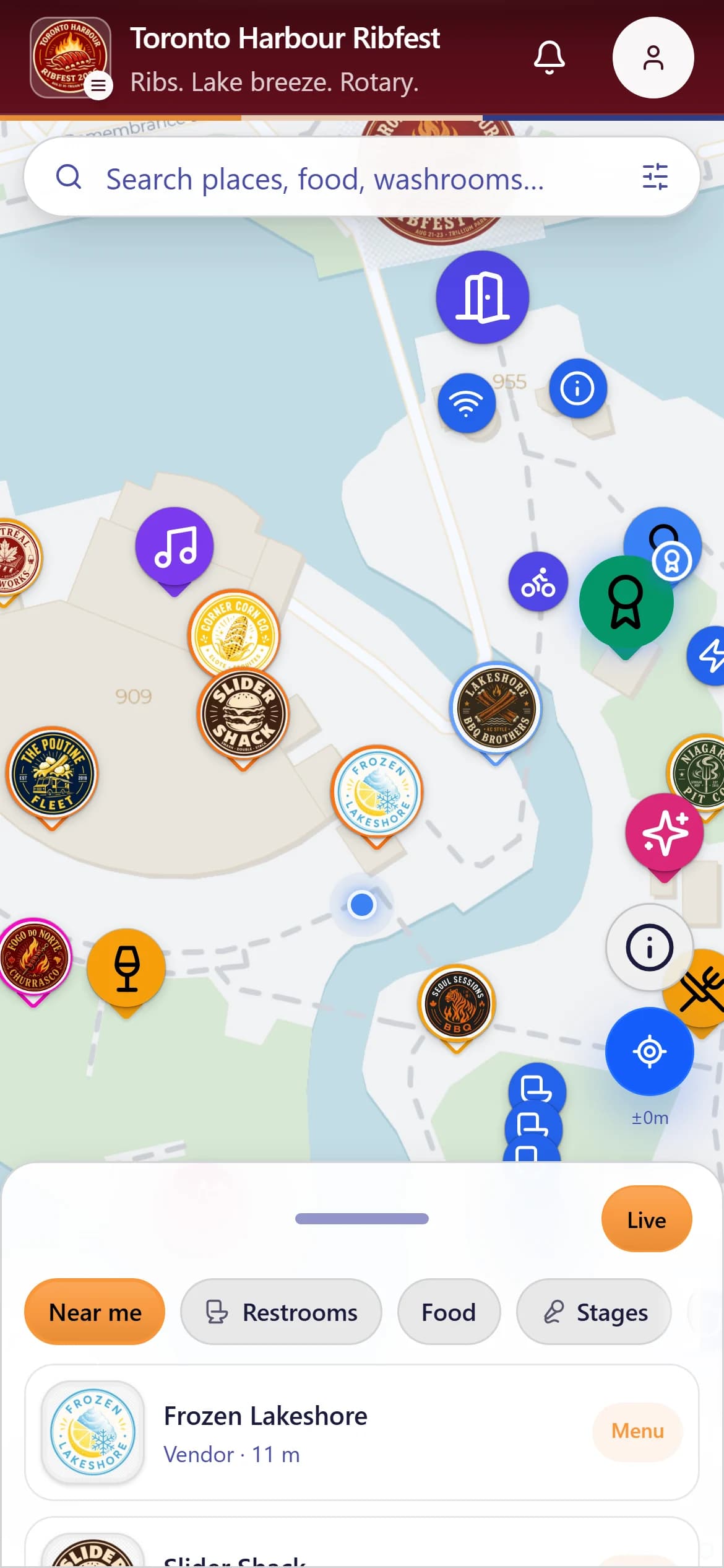 The demo event's map on a phone: each vendor shown as its logo, a search bar, and a list of the nearest places.
